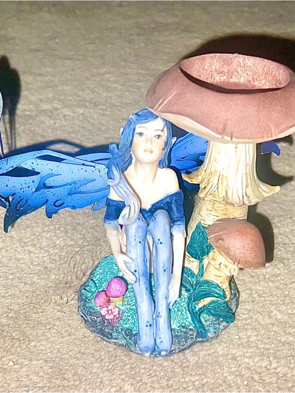 Enchanted Vintage Blue Sitting Fairy Mushroom Candle Holder Figurine Room Decor